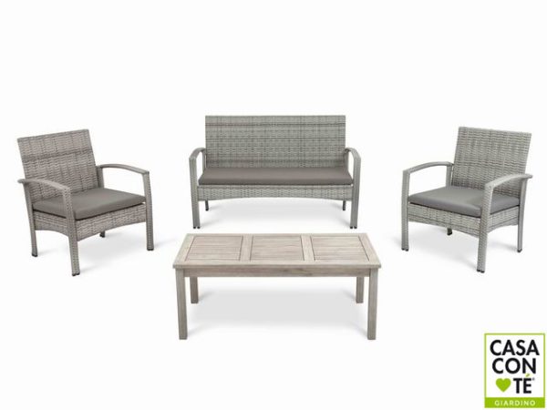 SET 4 PEZZI CAPRI INTRECCIATO GRIGIO POLYRATTAN CON CUSCNI GRIGI