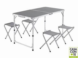 TAVOLO CAMPING GRIGIO ALLUMINIO +4 SEDIE 120X60X53