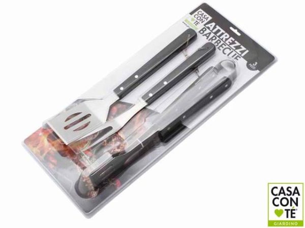 SET 3 ATTREZZI BARBECUE CM.38  *MANICO LEGNO*